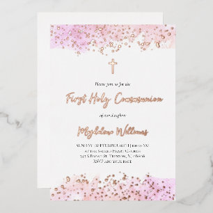 roze waterverf Eerste Heilige Communie Folie Uitnodiging