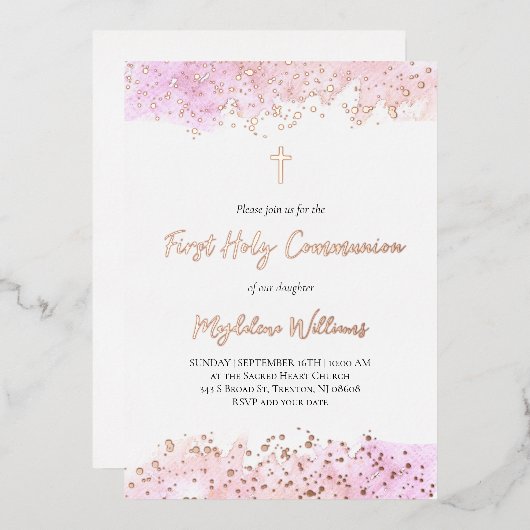 roze waterverf Eerste Heilige Communie Folie Uitnodiging (Voorkant / Achterkant)