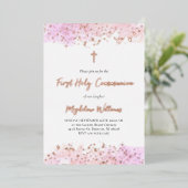 roze waterverf Eerste Heilige Communie Folie Uitnodiging (Staand Voorkant)