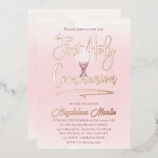 roze waterverf Eerste Heilige Communie Folie Uitnodiging (Voorkant / Achterkant)