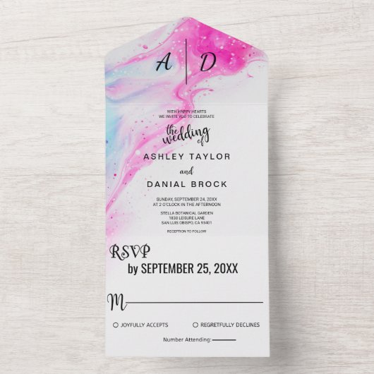 Roze waterverf elegant Al in One Wedding Invite All In One Uitnodiging (Binnen)