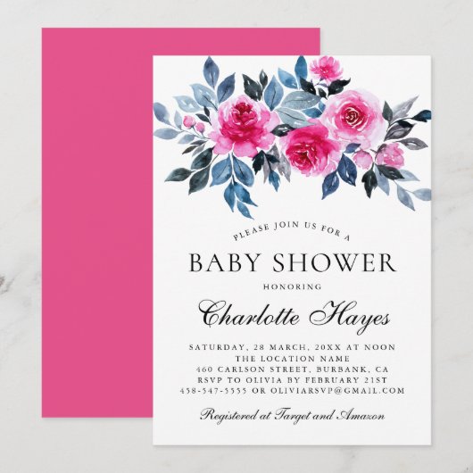 Roze Waterverf Elegant Baby shower Kaart (Voorkant / Achterkant)
