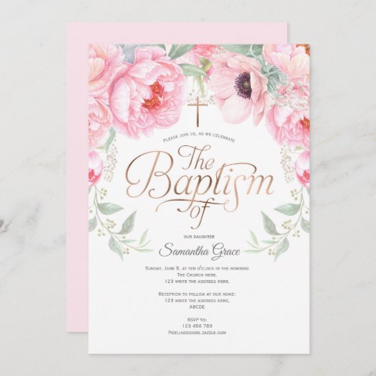 Roze waterverf, Elegant, Meisje Doop Kaart (Voorkant / Achterkant)