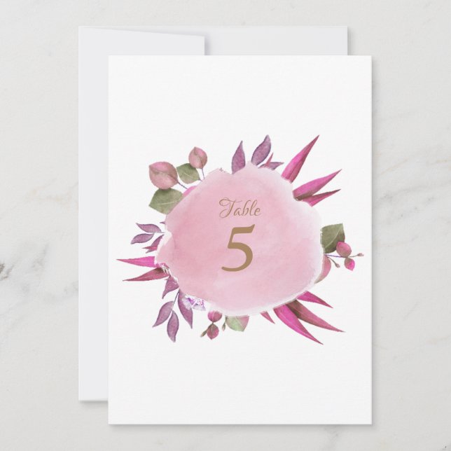 Roze Waterverf Elegante Trouwtafel Nummer Kaart (Voorkant)