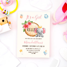 Roze Waterverf Elephant Girl Baby shower Kaart