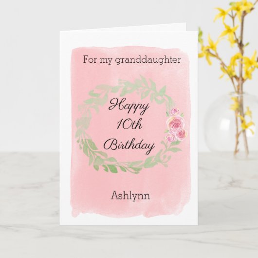 Roze Waterverf en Bloemen 10e Verjaardag Kaart (Gele Bloem)