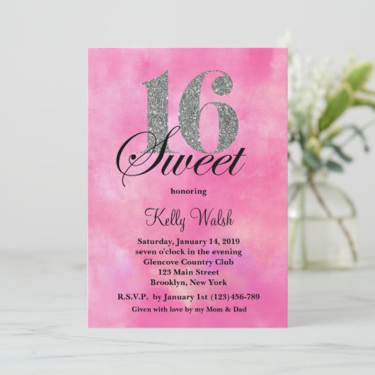 Roze Waterverf en Glitter Typografie Sweet 16 Kaart (Staand voorkant)