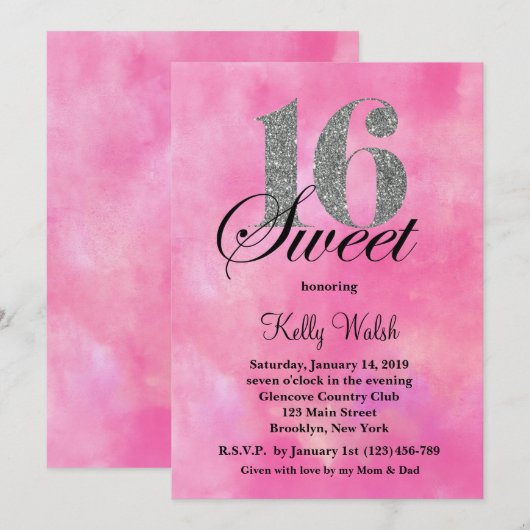 Roze Waterverf en Glitter Typografie Sweet 16 Kaart (Voorkant / Achterkant)