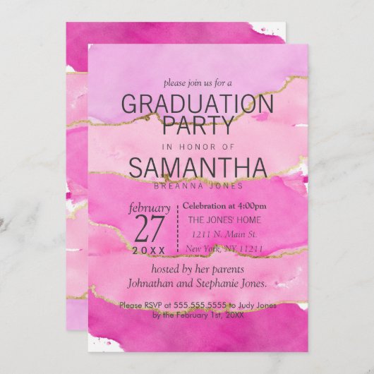 Roze Waterverf en Gold Graduation Party nodigt uit Kaart (Voorkant / Achterkant)