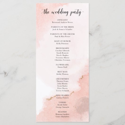 Roze Waterverf en Gold Wedding Order of Ceremony Programmakaart (Achterkant)