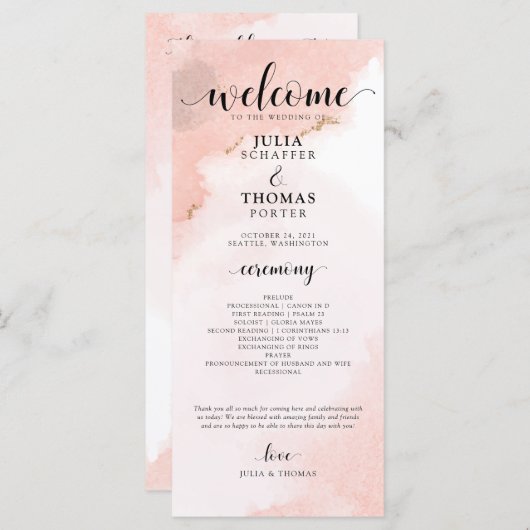 Roze Waterverf en Gold Wedding Order of Ceremony Programmakaart (Voorkant / Achterkant)