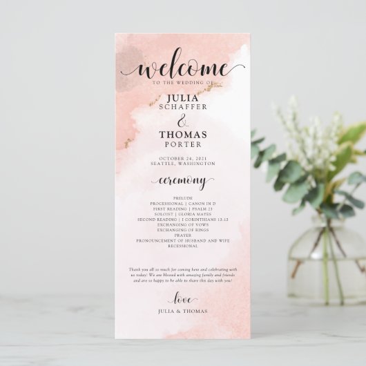 Roze Waterverf en Gold Wedding Order of Ceremony Programmakaart (Staand voorkant)
