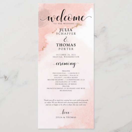 Roze Waterverf en Gold Wedding Order of Ceremony Programmakaart (Voorkant)