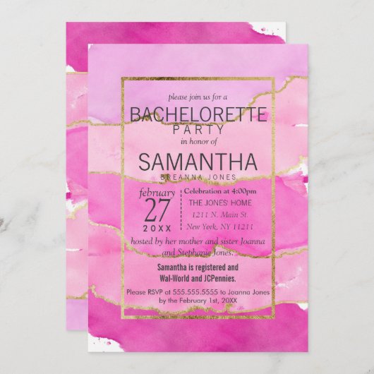 Roze Waterverf en Gouden Bachelorette Kaart (Voorkant / Achterkant)