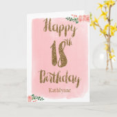 Roze Waterverf en Gouden Glitter 18 Verjaardag Kaart (Gele Bloem)