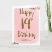 Roze Waterverf en Gouden Glitter 19e Verjaardag Kaart (Voorkant)
