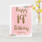 Roze Waterverf en Gouden Glitter 19e Verjaardag Kaart (Gele Bloem)