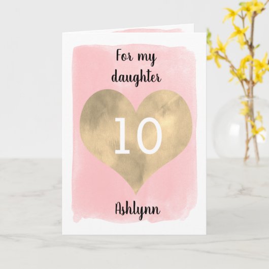 Roze Waterverf en gouden hart 10e verjaardag Kaart (Gele Bloem)