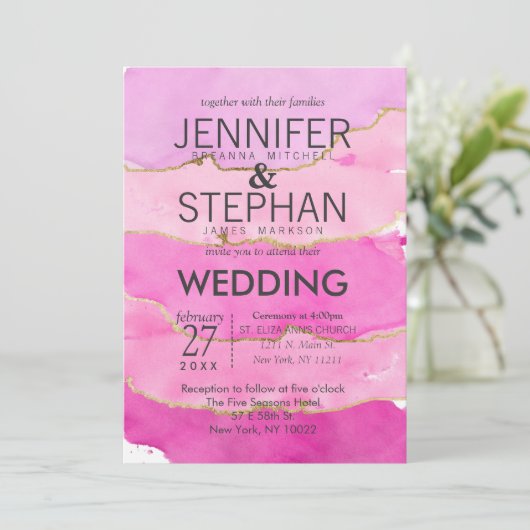 Roze Waterverf en gouden huwelijksuitnodigingen Kaart (Staand voorkant)