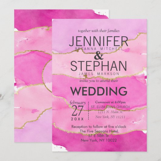 Roze Waterverf en gouden huwelijksuitnodigingen Kaart (Voorkant / Achterkant)