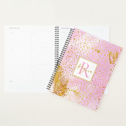 Roze waterverf en goudmonogram planner (Display)