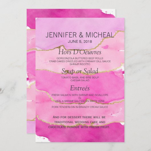 Roze Waterverf en menu Gold Wedding (Voorkant / Achterkant)