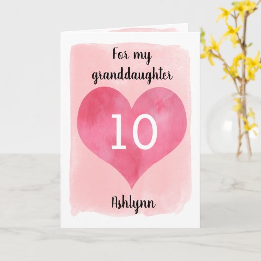 Roze Waterverf en Rode Hart 10e Verjaardag Kaart (Gele Bloem)