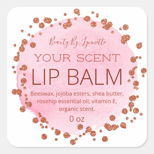 Roze Waterverf en Roos gouden Stippen lip balm lab Vierkante Sticker (Voorkant)