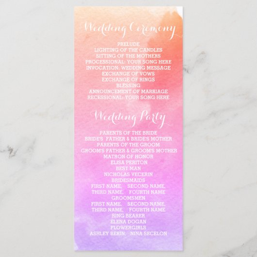 Roze waterverf en skeletbladeren trouwprogramma programmakaart (Achterkant)