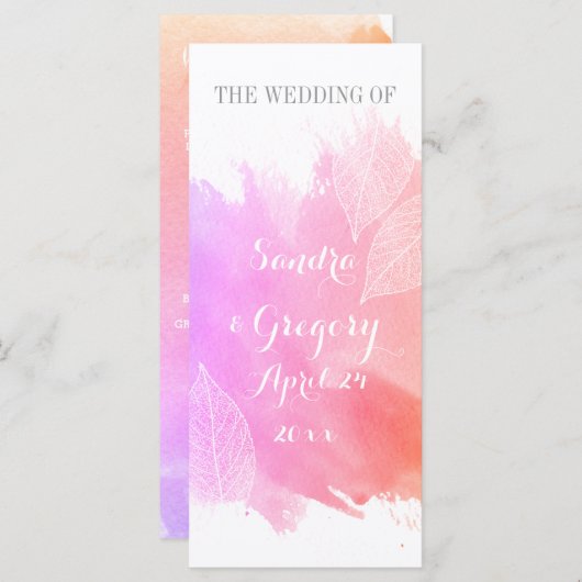 Roze waterverf en skeletbladeren trouwprogramma programmakaart (Voorkant / Achterkant)