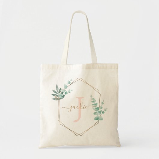 Roze Waterverf Eucalyptus Lijst Monogrammen Tote Bag (Voorkant)