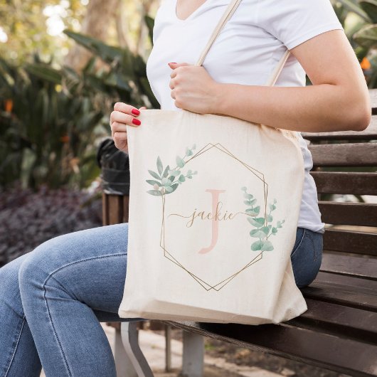 Roze Waterverf Eucalyptus Lijst Monogrammen Tote Bag