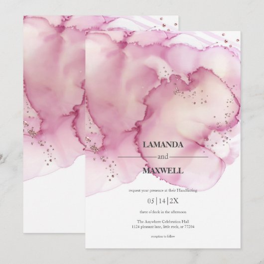 Roze Waterverf Faux Glitter Handfasting Kaart (Voorkant / Achterkant)