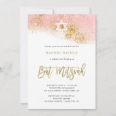 Roze Waterverf | Faux Gold Bat Mitzvah Kaart (Voorkant)