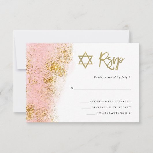 Roze Waterverf | Faux Gold Bat Mitzvah RSVP Kaartje (Voorkant)