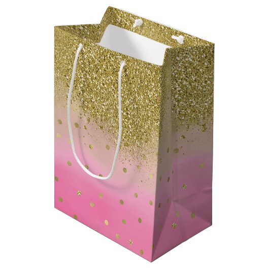 Roze Waterverf Faux Gold Glitter Confetti Medium Cadeauzakje (Voorkant Gekanteld)