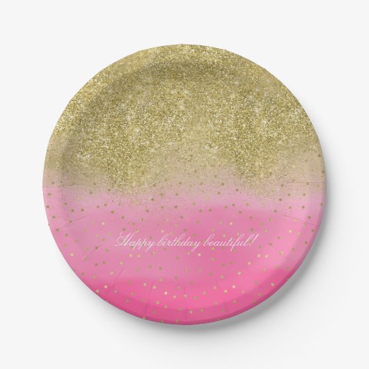 Roze Waterverf Faux Gold Glitter Confetti Papieren Bordje (Voorkant)