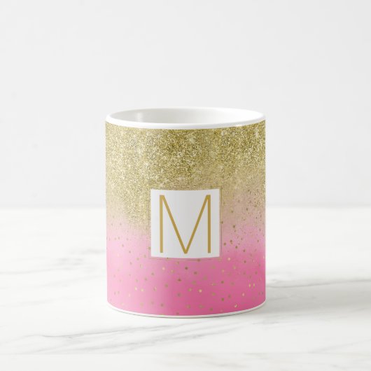 Roze Waterverf Faux Gold Glitter Monogram Koffiemok (Center)