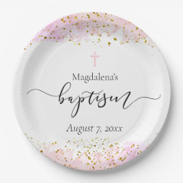 roze waterverf | faux gouden details Doop Papieren Bordje