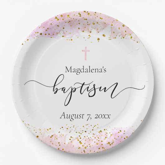 roze waterverf | faux gouden details Doop Papieren Bordje (Voorkant)