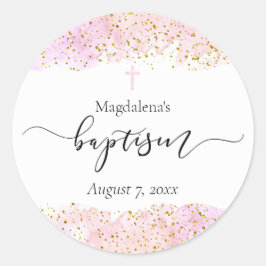 roze waterverf | faux gouden details Doop Ronde Sticker