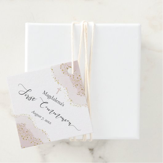roze waterverf faux gouden glitter Eerste Communie Bedankjes Labels (In situ)