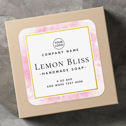 Roze waterverf faux gouden rand productlabel vierkante sticker