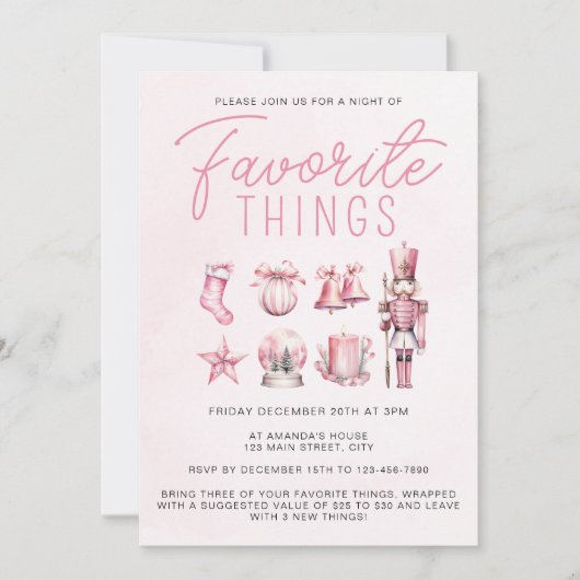 Roze Waterverf Favoriete Dingen Kerstfeest Kaart (Voorkant)