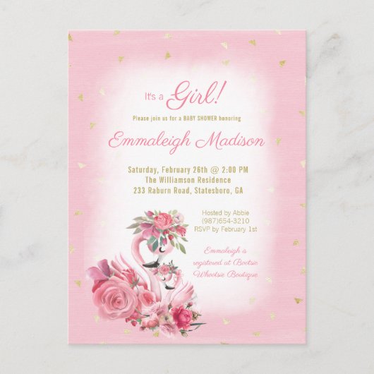 Roze Waterverf Flamingo Ballerina Baby shower Uitnodiging Briefkaart (Voorkant)