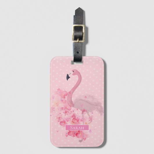 Roze Waterverf Flamingo Floral en Stippen Bagagelabel (Voorkant (verticaal))