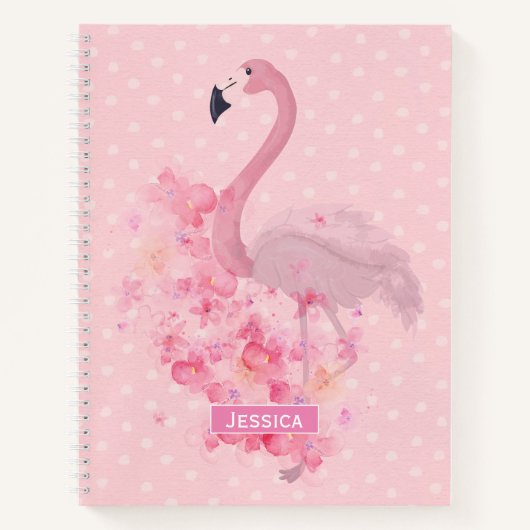 Roze Waterverf Flamingo Floral en Stippen Genoemd Notitieboek (Voorkant)