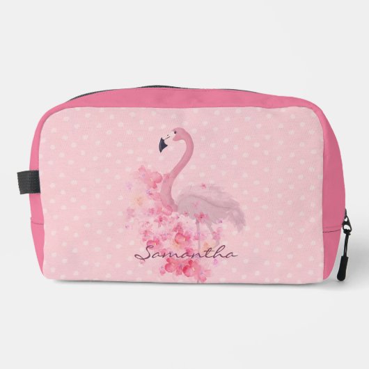 Roze Waterverf Flamingo Floral en Stippen Genoemd Toilettasje (Voorkant)