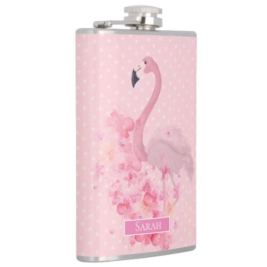 Roze Waterverf Flamingo Floral en Stippen Heupfles (Rechts)