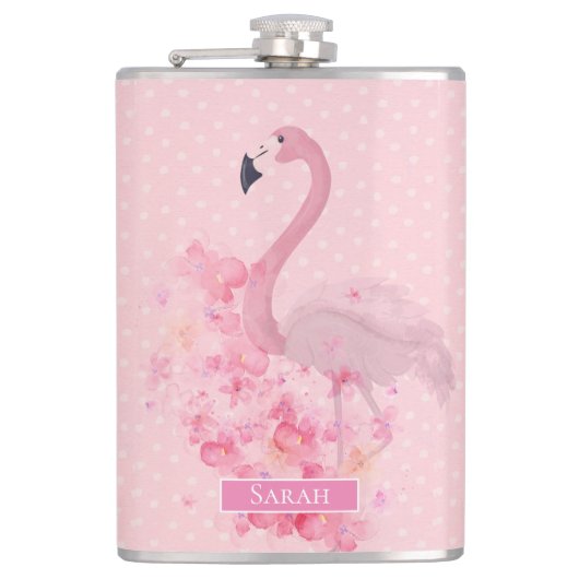 Roze Waterverf Flamingo Floral en Stippen Heupfles (Voorkant)
